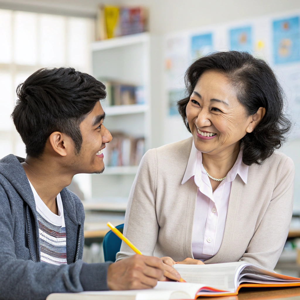 親しみやすい女性日本人教師とバングラデシュ学生